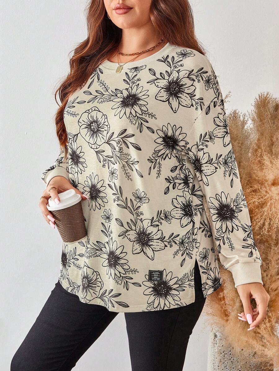 SHEIN LUNE 大码女式杏色花卉印花圆领长袖 T 恤，带侧开衩，适合秋冬季分层搭配女士上衣机场女士服装秋季服装旅行服装机场感恩节服装假日服装 - 杏色 - 查看 1