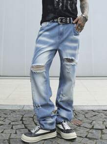 Manfinity Hypemode Men's Casual Distressed Washed Baggy Denim Jeans