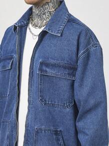 Manfinity EMRG 男士休闲落肩宽松牛仔夹克，秋季 - 藍色 - 查看 6