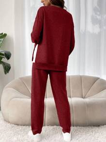 SHEIN 2 件套孕妇简约圆领长袖上衣和裤子套装 - 乾枯玫瑰色 - 查看 2