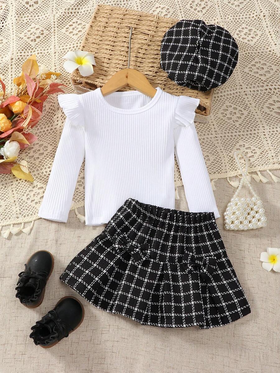 SHEIN 3pcs/Set Elegant Baby Girl Knitted Long Sleeve Top, Tweed Skirt And Beret Hat, Suitable For Outings, Christmas & New Year - Black - View 1