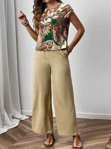 EMERY ROSE 女士佩斯利印花图案衬衫和纯色长裤套装