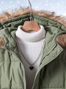 Manteau matelassé long décontracté et ample avec capuche en fourrure et motif de lettres pour filles pré-adolescentes en hiver - Militaire verte - Voir 6