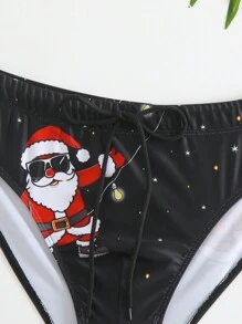 Men's Santa Claus Print Drawstring Swim Briefs, For Christmas