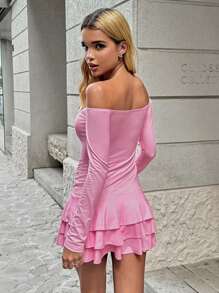 JV Designs Vestito lungo con maniche a volant e orlo a volant, sexy ed elegante, per donna, adatto per vacanze, feste, occasioni speciali, compleanni, primavera, spiaggia, festival, Ibiza, ballo di fine anno, abbigliamento occidentale - Rosa - Visualizzare 2