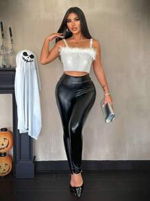 Zolique 女士夏季时尚毛皮拼接水钻露背短款吊带背心 - 銀色 - 查看 5