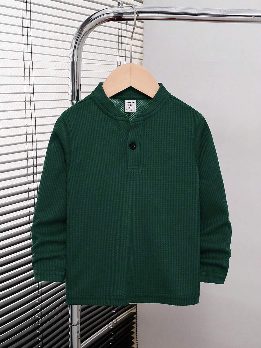 SHEIN 年轻男孩休闲 V 领纹理面料套头长袖 T 恤 - 墨綠色 - 查看 1