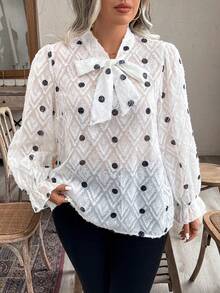 Celure Plus Size Ladies' Elegant Polka Dot Bow Tie Blouse, Spring & Summer - White - View 5