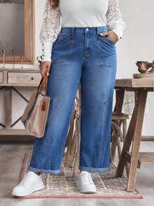 SHEIN LUNE 大码女式宽松口袋阔腿休闲牛仔裤 - 中等水洗藍 - 查看 1