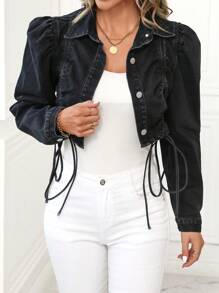 SHEIN LUNE Women's Casual Puff Sleeve Drawstring Cropped Denim Jacket, Autumn - Black - View 5