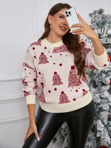 SHEIN Essnce Plus Size Vrouwen Kerst Kerstman Hoed Colorblock Losse Ronde Hals Gebreide Trui