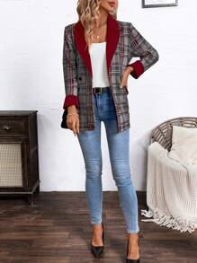 SHEIN Clasi Women's Red Color Block Plaid Lapel Blazer - Multicolor - View 6