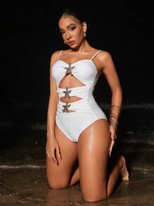 Swim Vcay Đồ bơi liền màu hình ngôi sao rỗng mùa hè - trắng - Xem 3