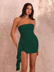 SHEIN BAE Women's White Sleeveless Ruffled High Slit Wrap Dress With Flounce Hem, Summer - Dark Green - View 4
