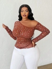 Slaydiva Áo thun nữ cổ tròn đơn sắc ôm vừa vặn, thanh lịch và gợi cảm, cổ không đối xứng, lưới xuyên thấu kim cương sáng cỡ lớn - màu nâu - Xem 4