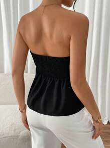 SHEIN Frenchy Women Contrast Color Patchwork Front Tie Ruched Bandeau Casual Top Summer - Black and White - View 2