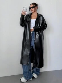 Muchica 女士秋冬落肩长袖休闲宽松黑色 PU 皮革风衣 - 黑色 - 查看 4