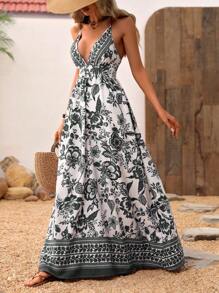 Breezaya 女式花卉印花宽松休闲连衣裙，可调节细肩带，超长度假海滩装 - 灰色 - 查看 6