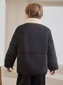 SHEIN Tween 男童休闲羊毛衬里立领拉链加厚保暖绗缝棉服外套，冬季外套 - 黑色 - 查看 2