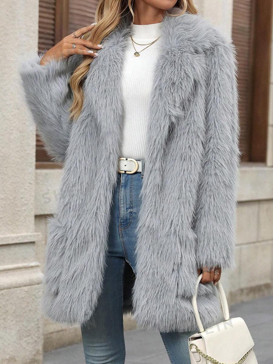 SHEIN Clasi Women's Elegant And Warm Faux Fur Gray Jacket For Daily