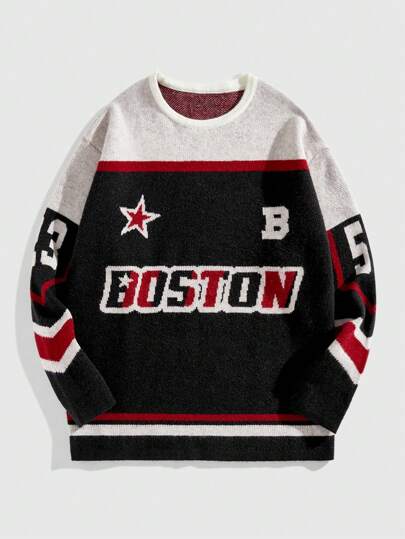 ROMWE MEN Prep 男士休闲拼色字母图案针织套头衫，秋冬