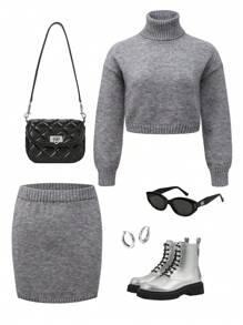 Conjunto de suéter de cuello alto de unicolor y minifalda para adolescentes - Gris - Ver 1
