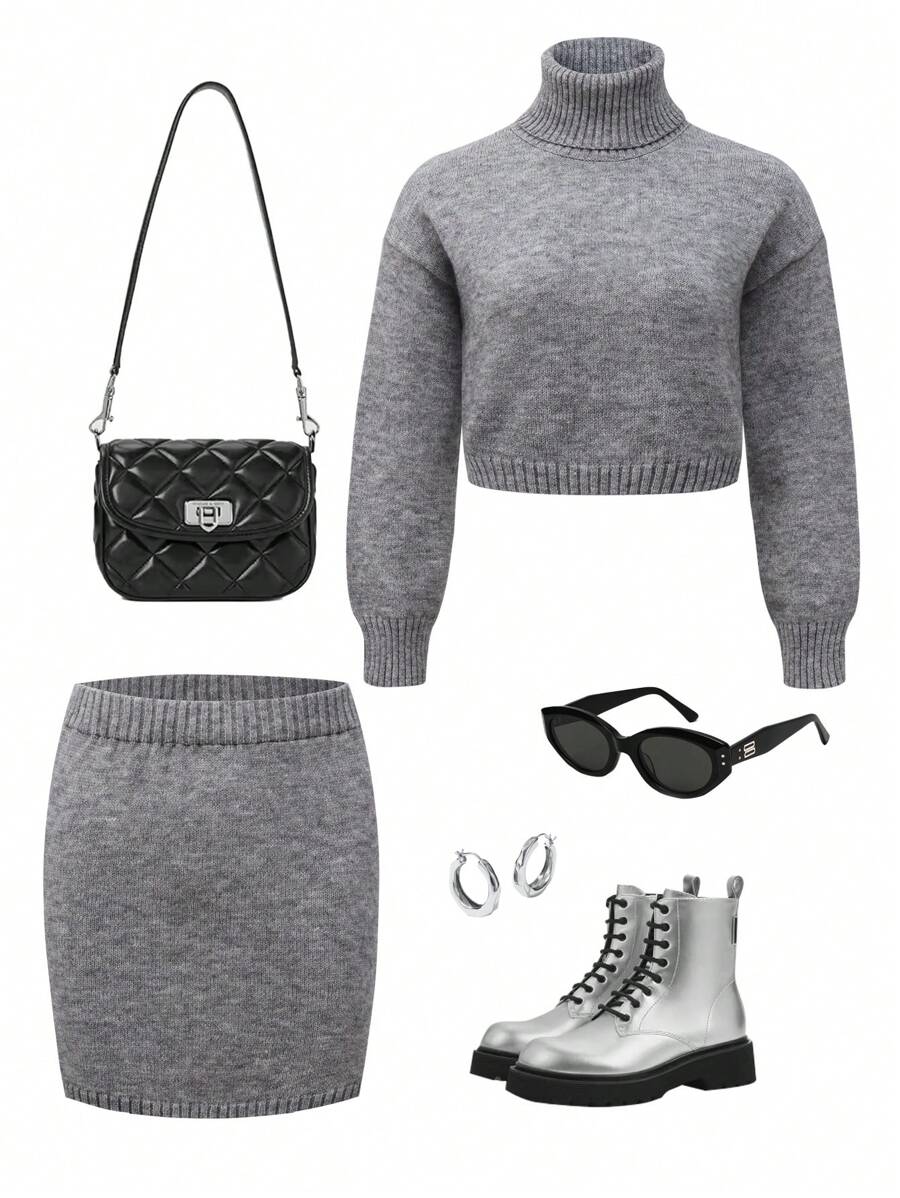 Conjunto de suéter de cuello alto de unicolor y minifalda para adolescentes - Gris - Ver 1