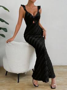 Chiquease Women's Vacation Solid Color Patchwork Ruffle Hem Maxi Bodycon Dress - Black - View 6