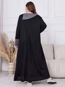 Al Najma Plus Size Textured Fabric Waffle Patchwork Long Sleeve Maxi Dress, Fall/Winter, Casual Modest Tee Dresses, For Casual Daily/At Home