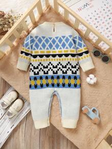 Bộ đồ liền thân cổ tròn tay dài cổ điển Fair Isle dành cho trẻ sơ sinh, vải mềm mại và ấm áp, thiết kế thay tã dễ dàng, trang phục thời trang và tiện dụng cho trẻ sơ sinh - Màu be - Xem 2