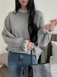 DAZY Women's Solid Color Splice Long Sleeve Casual Pullover Sweater,Fall Clothes - Grey - View 1