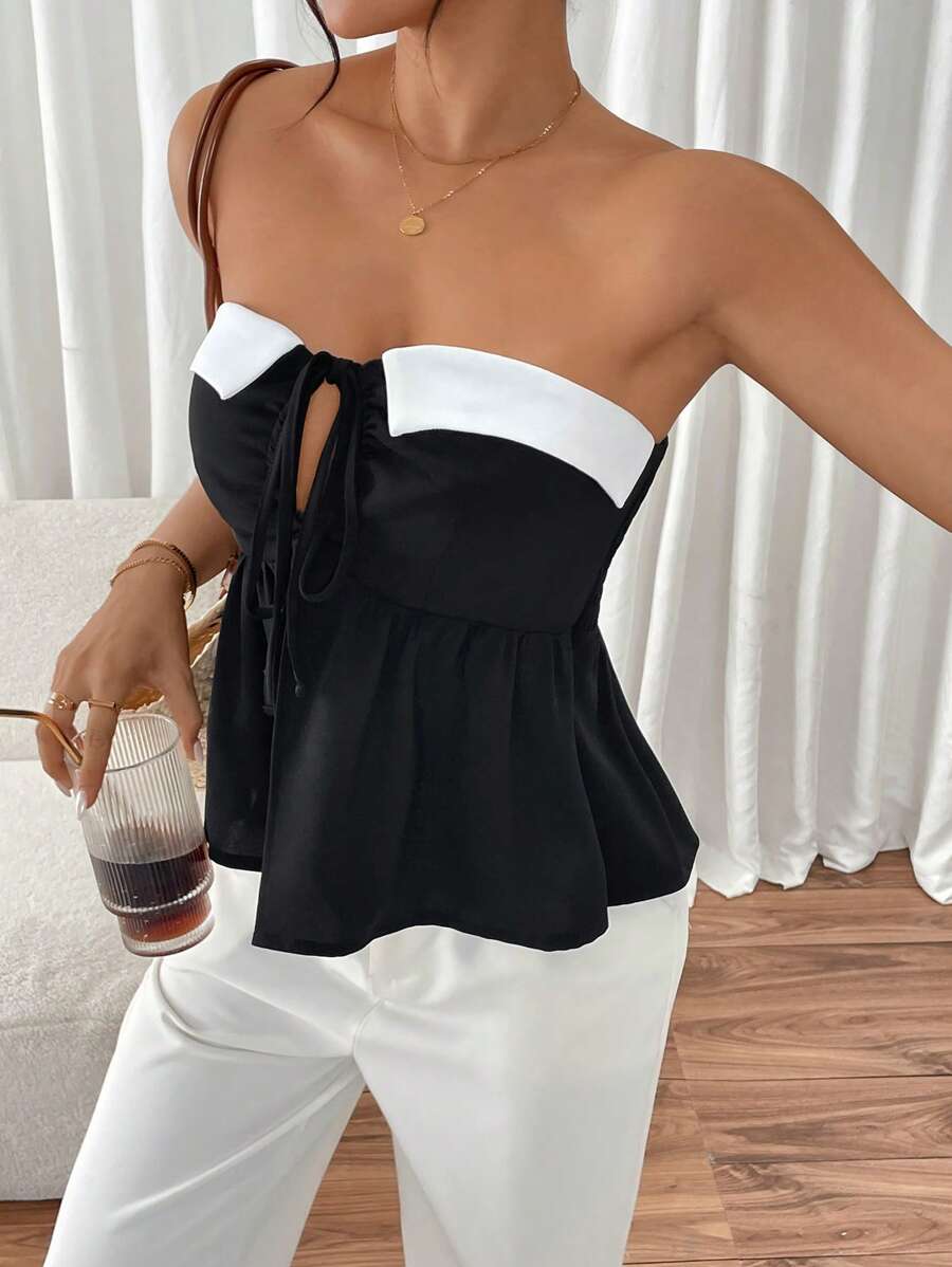 SHEIN Frenchy Women Contrast Color Patchwork Front Tie Ruched Bandeau Casual Top Summer - Black and White - View 1
