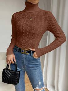 SHEIN ChicEase Solid Color High Neck Sweater, Autumn/Winter,Long Sleeve Tops, Knit Pullover Fall - Coffee Brown - View 6