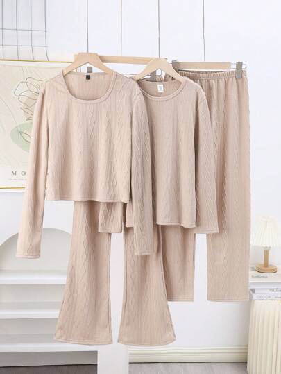 2pcs Tween Boy Diamond Jacquard Pullover Sweatshirt And Relaxed Fit Pants Lounge Pajama Set