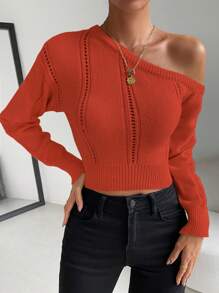 Chiquease Casual Solid Asymmetric Shoulder Cropped Sweater, Spring & Fall, Knit Pullover Fall Winter - Orange - View 5