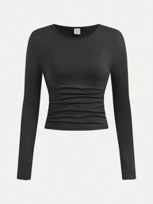 SHEIN Girlism Juego de 3 piezas de camisetas de manga larga casuales de unicolor con cuello redondo fruncido para adolescentes