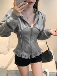 DAZY Áo khoác nữ dài tay dáng rộng phối ren, có mũ trùm đầu, dây rút, thích hợp mặc mùa xuân thu, áo dài tay, áo khoác nữ mùa thu có khóa kéo và mũ trùm đầu. - Xám - Xem 3