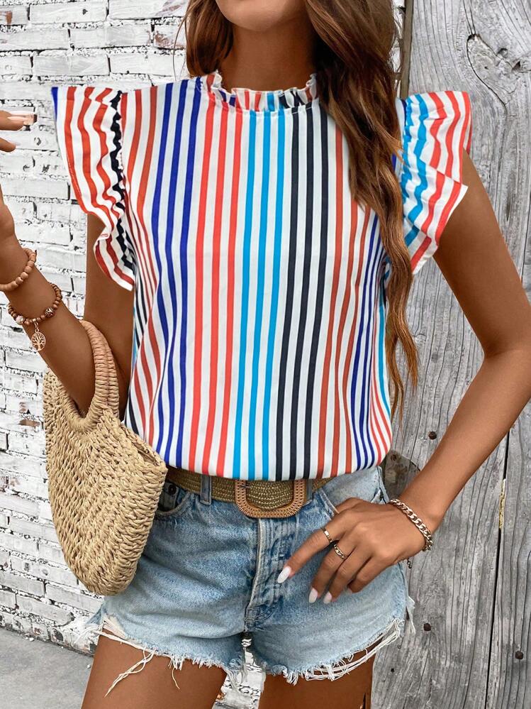 Breezaya Women's Summer Frill Collar Striped Cap Sleeve Casual Blouse - Blue - View 3