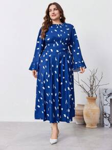 Lacomfia Vestido casual plisado de manga larga con cuello redondo y estampado todo sobre talla grande