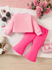 2pcs Set Baby Girls Heart Print Crop Sweatshirt + Flared Pants Cute Fashion Outfit, Autumn/Winter - Pink - View 2