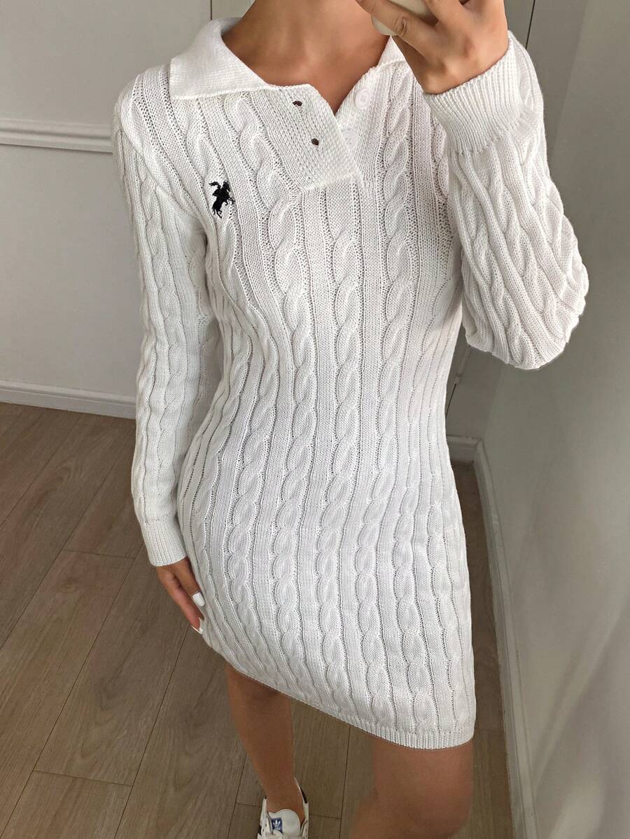 SHEIN Frenchy 女式秋冬骑士图案长袖修身休闲毛衣连衣裙 - 杏色 - 查看 1