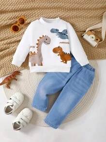SHEIN Playful Pals 2pcs/Set Baby Boy Cute Dinosaur Print Crewneck Sweatshirt And Denim Pants - Baby Blue - View 1