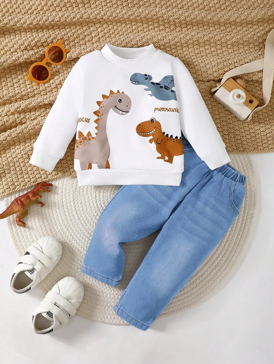 SHEIN Playful Pals 2pcs/Set Baby Boy Cute Dinosaur Print Crewneck Sweatshirt And Denim Pants - Baby Blue - View 1