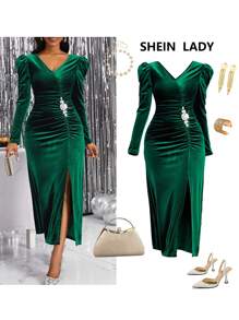 Fleurora Plus Size Women's Olive Green Velvet Puff Sleeve Pleated Design Rhinestone Embellished Button-Up Dress Prom Dress Green Women Dresses Festival Outfits Dark Green Dress Fall Wedding Guest Dress
