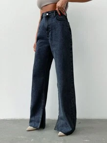 EURMUSE VAQUEROS DE PIERNA ANCHA DE CINTURA BAJA PARA MUJERES - Azul lavado oscuro - Ver 9