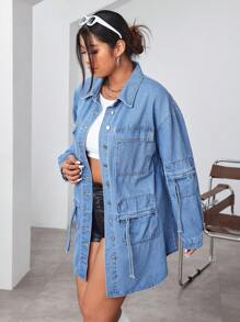 SHEIN ICON Áo khoác denim nhiều túi thường ngày mùa xuân/thu cỡ lớn - Màu xanh lam - Xem 4