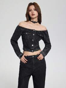 SHEIN Explorewe 2pcs Vintage Streetwear Teen Girls Set: Denim Off-Shoulder Crop Top & All-Match Loose Straight Leg Jeans - Black - View 6