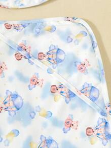 SHEIN 2pcs Set Baby Boys Cute Bear Print Long Sleeve Pajama Jumpsuit With Shoulder Wrap Casual Outfit
