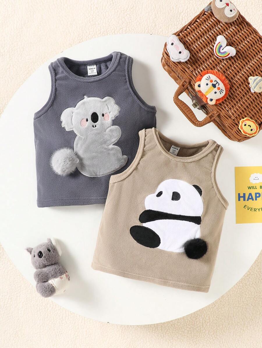 2pcs Young Boy Minimalist Panda & Koala Embroidered Vest Underwear Set, Coffee & Gray - Multicolor - View 1