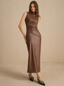 Poéselle Women's Coffee Brown Stretch Leather Stand-Collar Pleated Midi Dress,Elegant Form-Fitting Chic Outfit For Autumn Dinner Date,Parties & Fall Fashion - Brown - View 4